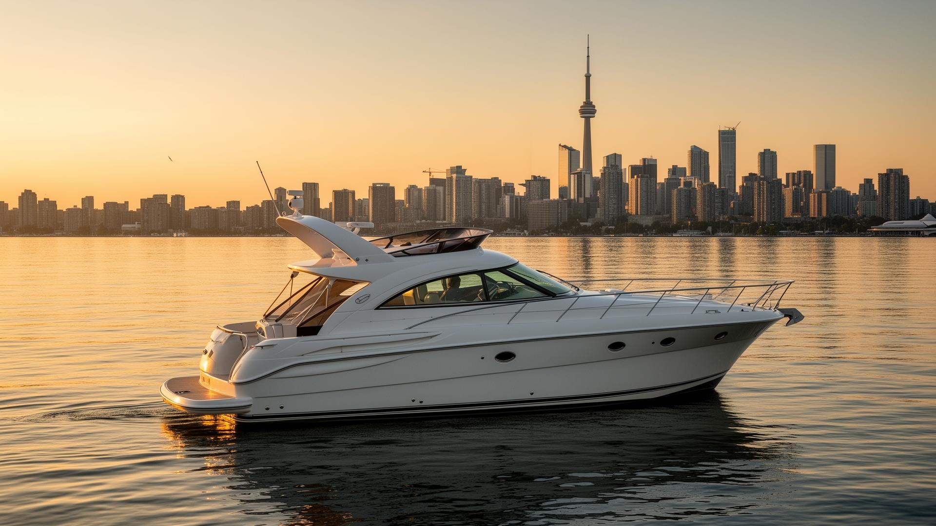 Luxury yacht on Lake Ontario with Toronto skyline